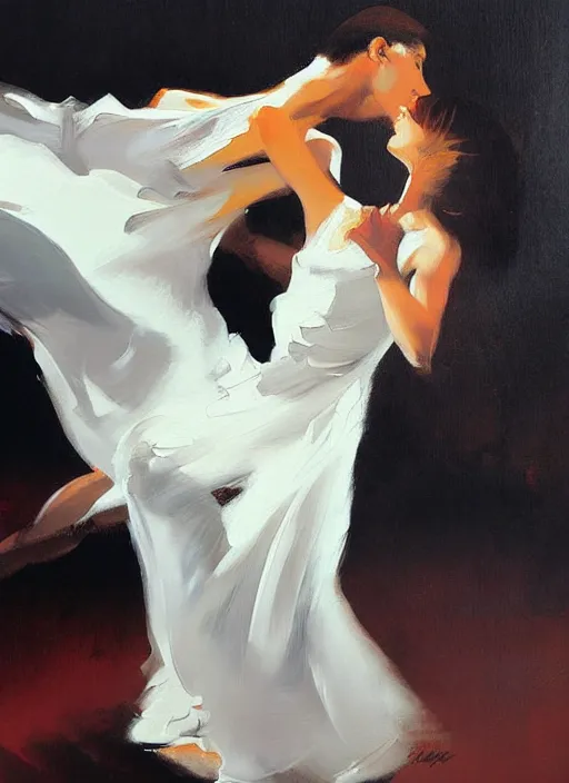 Image similar to tango dancerin in white dress, painting by phil hale, fransico goya,'action lines '!!!, graphic style, visible brushstrokes, motion blur, blurry, visible paint texture, crisp hd image