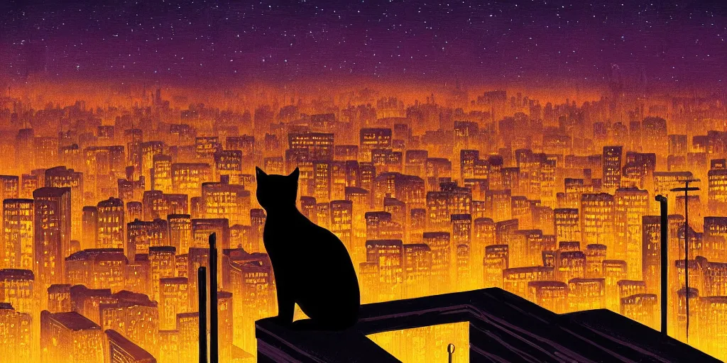 Prompt: A cat overlooking a city at night by Alena Aenami