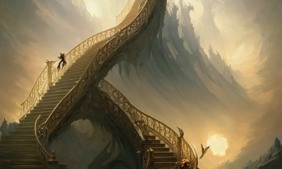 Image similar to the magnificent staircase to heaven, art by greg rutkowski and peter mohrbacher, featured in artstation, octane render, cinematic, elegant, intricate, highly detailed, fantasy, concept art, sharp focus, illustration, 8 k