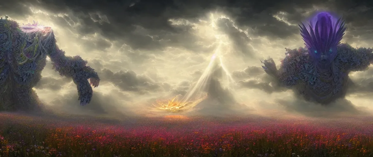 Prompt: A terrifying giant monster made of flowers, beautiful atmosphere, god rays, masterpiece digital painting by Alex Grey, Greg Rutkowski, 4k wallpaper