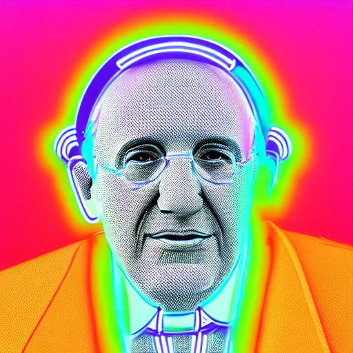 Image similar to neon pope francis, 3 d render, post - processing