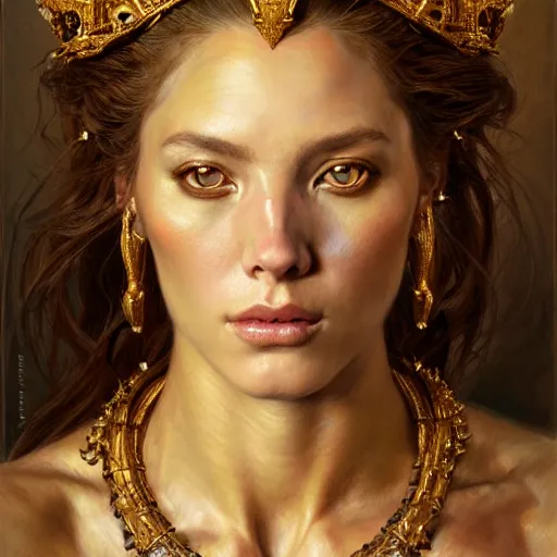 Image similar to highly detailed portrait of a majestic lioness queen in the form of a beautiful woman. d & d. art by donato giancola, eugene delacroix, ruan jia, martin schoeller. trending on artstation, intricate details, energetic composition, golden ratio, concept art, illustration, elegant art, global illuminaition