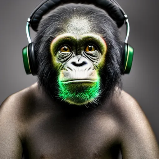 Image similar to a high quality photo of a green chimp wearing headphones, realism, 8k