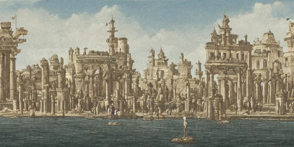Image similar to illustration, ancient thriving city buildings on top tall pillars structure over the ocean, tall arches, busy with people