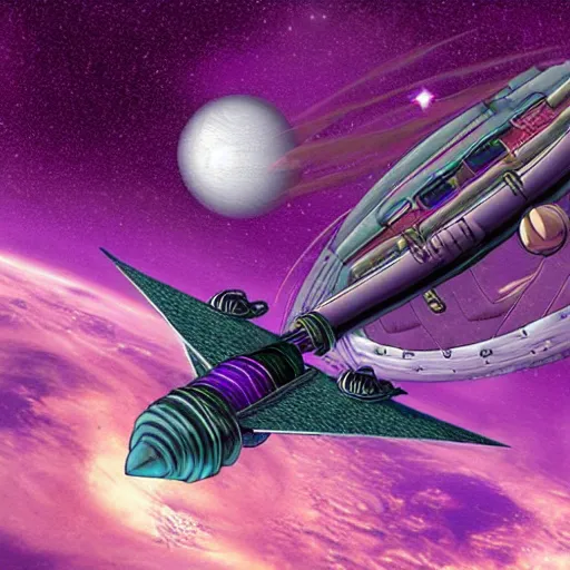 Image similar to spelljammer ship floating in space, purple