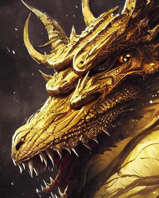 Image similar to A golden dragon tiger resting, highly detailed face, close-up, fantasy art, monster art, in the style of greg rutkowski, illustration, epic, fantasy, intricate, hyper detailed, artstation, concept art, smooth, sharp focus, ray tracing