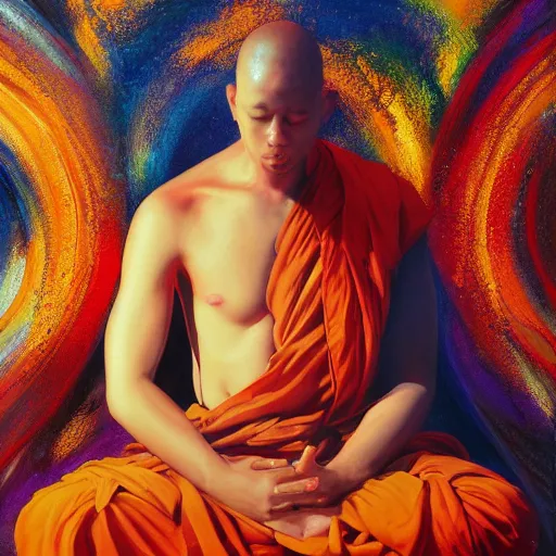 Prompt: an abstract painting that captivates the viewer, illusions, beautiful, fantasy, meditation. A monk meditates in the center to unlock his full potential, smooth, flow, highly detailed, colorful, artstationhd