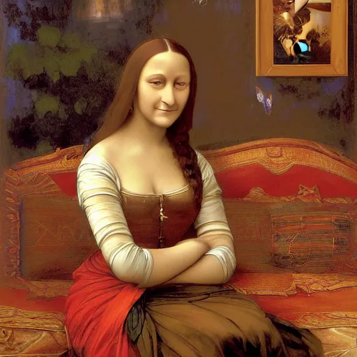 Image similar to Monalisa is sitting on her living room couch. She is dressed casually and is watching TV, Regal, Realistic, Refined, Detailed Digital Art, Josephine wall, Oil Painting, William-Adolphe Bouguereau, Art Frahm, Esao Andrews, Steampunk, Walt Disney (1937), Highly Detailed, Cinematic Lighting, Unreal Engine, 8k, HD