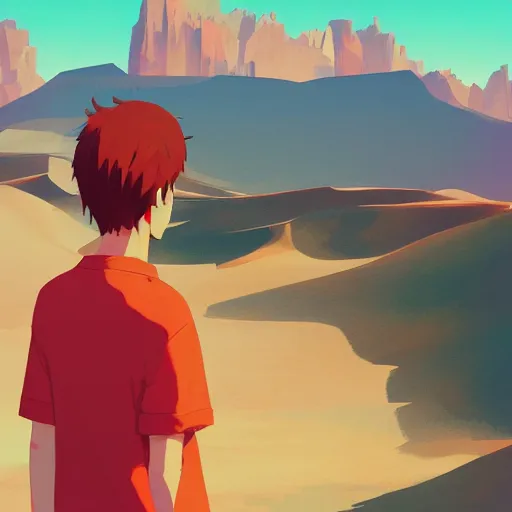 Prompt: red haired teen boy, desert in the background, digital painting, artstation, highly detailed, by makoto shinkai and thomas kindle and James gilleard