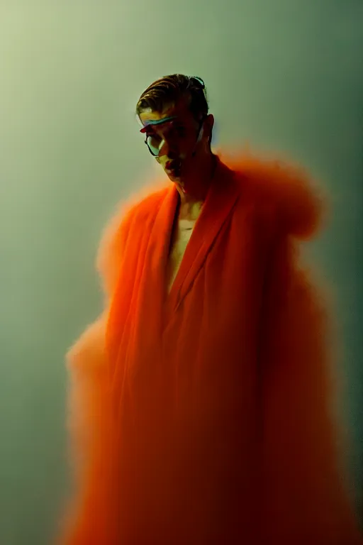 Image similar to a hypermasculine model wearing male haute couture from givenchy, macro photography, long exposure photograph, surrealism, anamorphic bokeh, cozy, soft light, orange and teal, caustic, atmospheric fog, octane render, cinematic