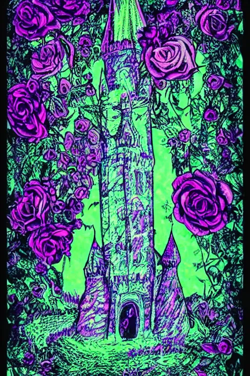 Image similar to Psychedelic black light style, nostalgia of a fairytale, elegant fairytale tower covered in roses, full body portrait of medieval princess, cottagecore, Exquisite, dramatic lighting