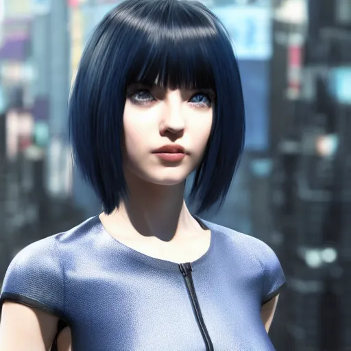 Image similar to « portrait, attractive, blue eyes, black hair, middle length hair, ghost in the shell, front view, unreal engine 5 »