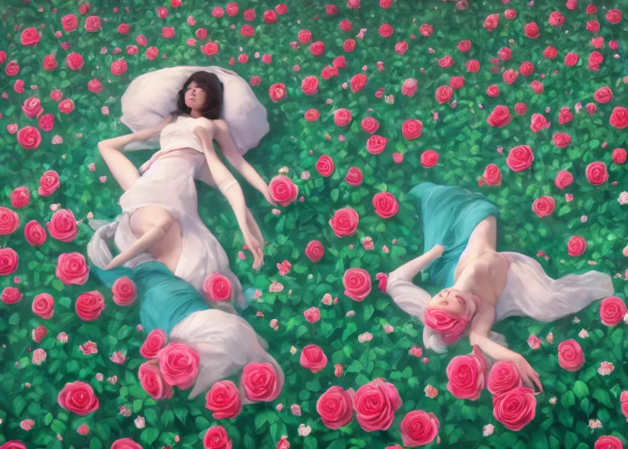 Image similar to painting of A woman laying in a sea of Roses and flora from super mario brothers, trending on ArtStation, masterpiece, by Greg Rutkowski, by Ross Tran, by Fenghua Zhong, octane, clear eyes, soft render, clear facial features, oil on canvas, moody lighting, cinematic, professional environment concept art