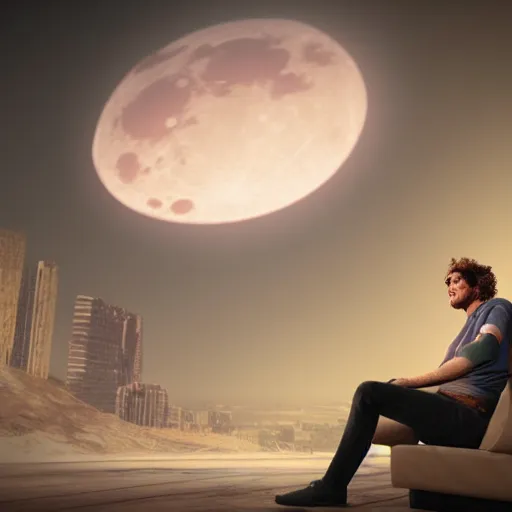 Prompt: gustavo cerati sitting on a sofa looking at the red moon, digital art, matte painting, render unreal engine, octane render, highly detailed, asymmetrical