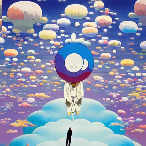 Image similar to a man walking on clouds above kyoto by takashi murakami, beeple and james jean, aya takano color style, 4 k, super detailed