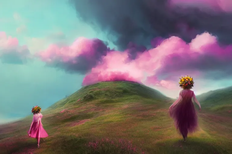 Image similar to giant dahlia flower crown under head, girl walking on mountain, surreal photography, pink storm clouds, dramatic light, impressionist painting, digital painting, artstation, simon stalenhag