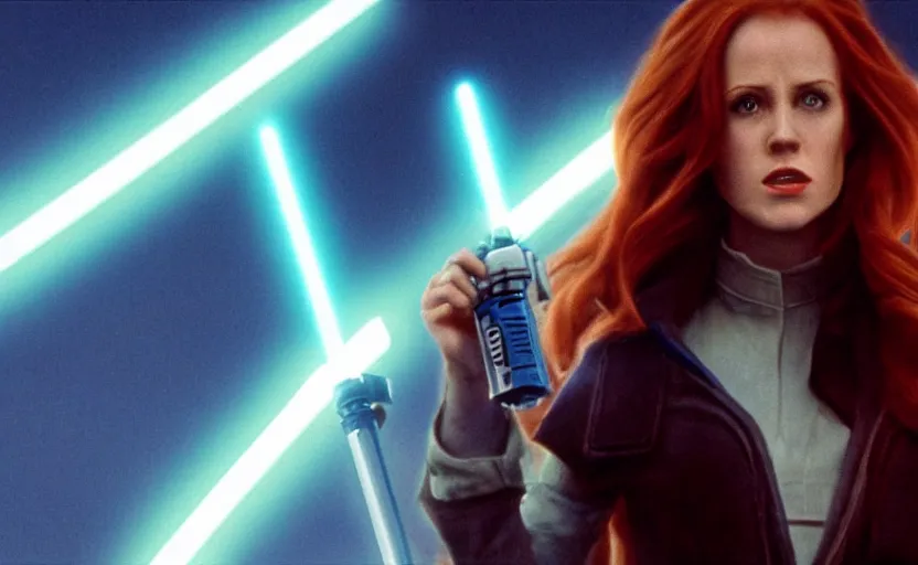Image similar to screenshot of Jedi Mara Jade, played by Julian Moore, holding a blue lightsaber in right hand, iconic scene from 1980s film by Stanley Kubrick, 4k, windy hair, cinematic still frame, surreal sci fi set design, photoreal, detailed face, moody storm lighting, stunning cinematography, hyper detailed, sharp, anamorphic lenses, kodak color film stock