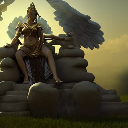 Image similar to cinematic scene with the goddess of war sitting on a majestic throne, dramatic, small details, volumetric lighting, still frame