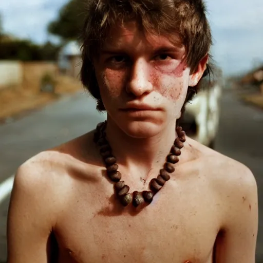 Image similar to a teenage boy, around 1 9 years old with necklace, natural brown hair, loincloth, pale skin. as homeless. detailed face. ominous and eerie looking street in background. natural color. hyperrealistic photo.