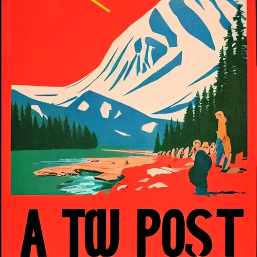 Image similar to soviet style propaganda poster convincing you to move to banff national park,