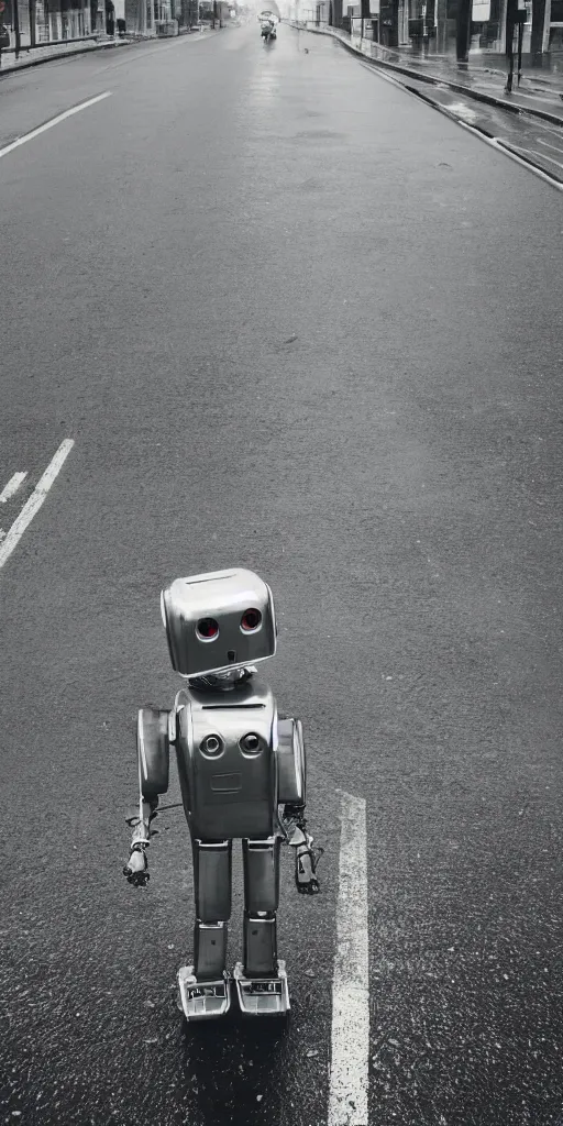 Image similar to robot on the road, city, photo, rain,