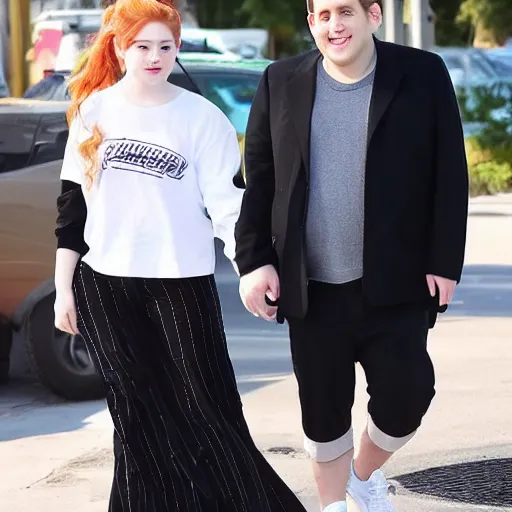 Image similar to Jonah Hill holding hands with Dahyun. Dahyun is so pretty. Jonah Hill is so handsome. They're So SO SO in love. They look cute together and really want to kiss. paparazzi photo.