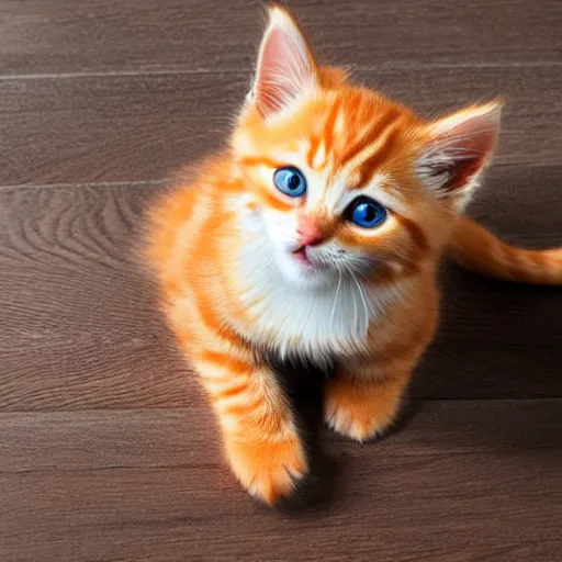 Prompt: cute fluffy orange tabby kitten, wood floor