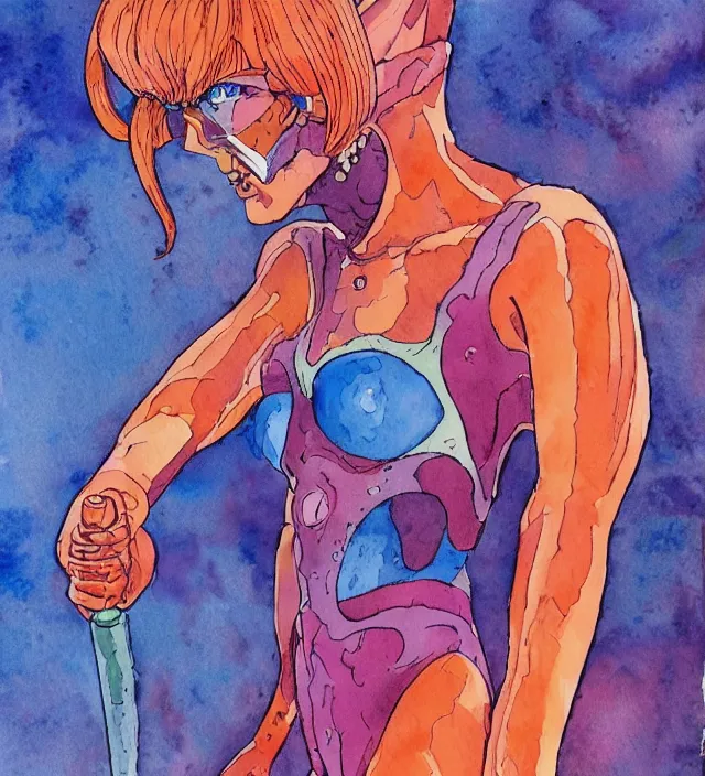 Image similar to a 3 / 4 view watercolor ink painting of velma as a god of destruction in the style of jean giraud in the style of moebius trending on artstation deviantart pinterest detailed realistic hd 8 k high resolution