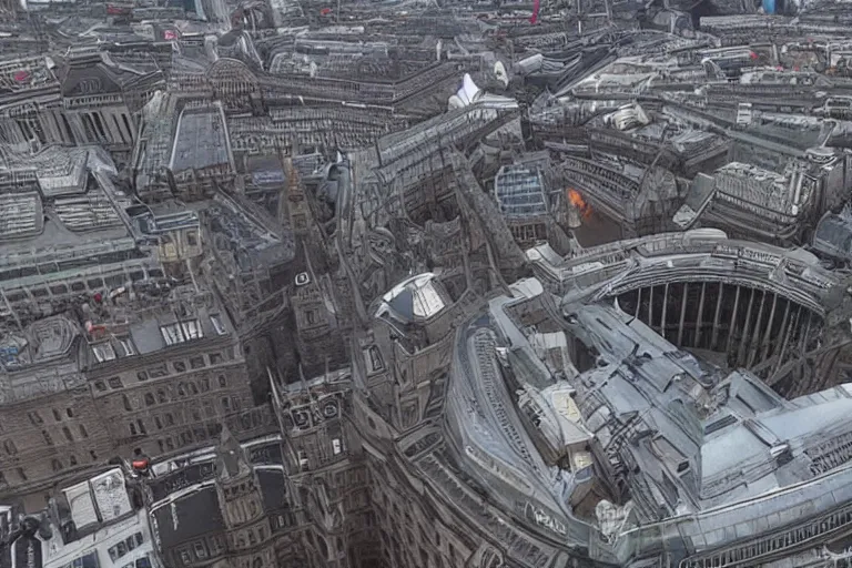 Prompt: the hellmouth opening up in central london, news footage taken from helicopter