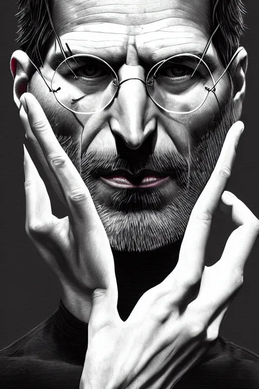 Image similar to portrait of steve jobs posing while stopming on a windows pc ultra realistic illustration, a hulking herculean gigachad, bulging muscles, intricate, highly detailed, digital painting, artstation, radiant light, caustics, war hero, concept art, smooth, sharp focus, by gaston bussiere, bayard wu, giger, maxim verehin