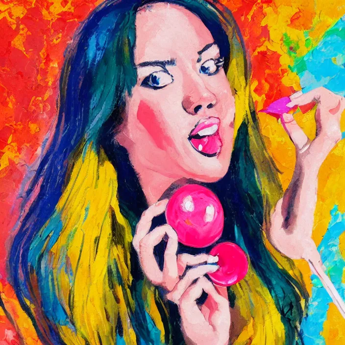 Image similar to portrait of beautiful woman licking a lollipop painted with colorful gouache impasto