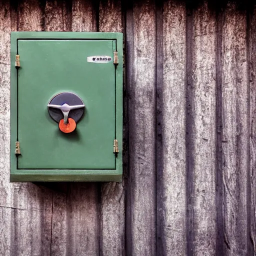 Image similar to A still life of a safe on the wooden ground, wood panels, metalic, (((rusty)))