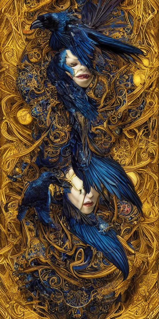 Image similar to a stunning interpretation of raven, highly detailed and intricate, golden ratio, blue colors, hypermaximalist, ornate, luxury, elite, horror, creepy, ominous, haunting, matte painting, cinematic, cgsociety, james jean, brian froud, ross tran