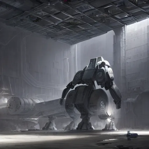 Image similar to a photorealistic 3D artwork of a huge mech standing inside a moody, cluttered hangar of a sci fi space station, 8K image, trending on art station, award winning sci fi work, octane render, hard surface