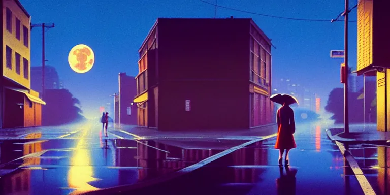 Image similar to an immaculate isometric cinematic keyframe matte painting of the silhouette of a young japanese girl standing in wide wet street 1 9 7 0 s vaporwave rust belt city at dusk with an oversized moon, just after the rain has cleared. by eric lafforgue, glennray tutor and edward hopper, greg rutkowski. trending on artstation.