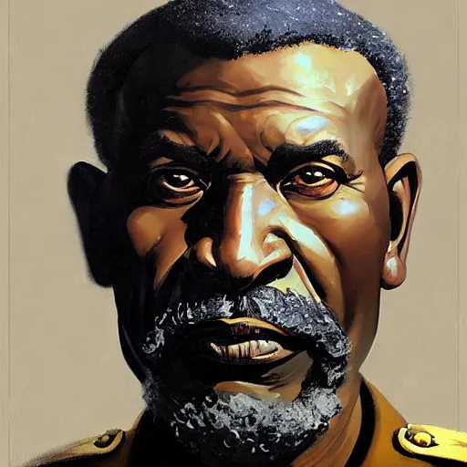 Image similar to Greg Manchess portrait painting of a large 60 year old African military general character, grey beard, medium shot, athletic, asymmetrical, profile picture, Organic Painting, dramatic light, matte painting, bold shapes, hard edges, street art, trending on artstation, by Huang Guangjian and Gil Elvgren and Sachin Teng