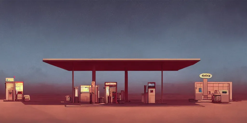 Prompt: A gas station in the desert at night, creepy and dramatic atmosphere, digital art by Greg Rutkowski and Studio Ghibli and Edward Hopper