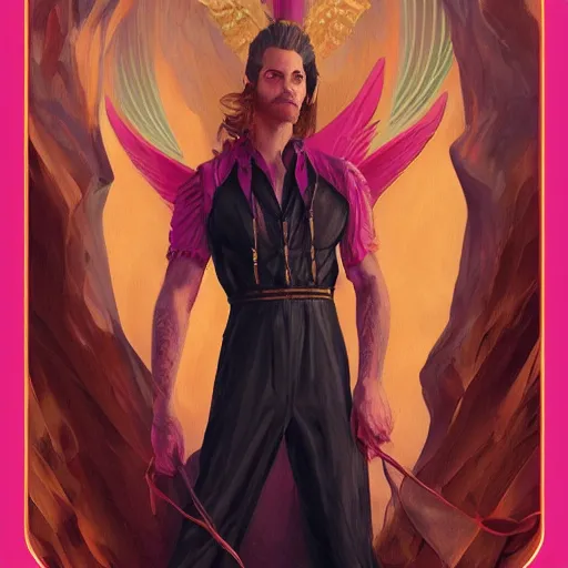 Image similar to lucifer in mountain using pink jumpsuit tarot card, digital, rider waite card, painting, ultradetailed, artstation, oil painting, ultradetailed, artstation