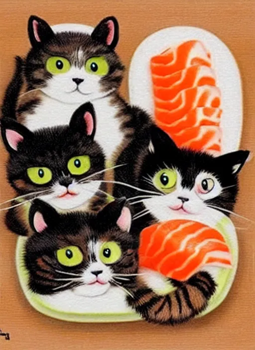 Image similar to clear photorealistic picture of adorable cats made out of sushi