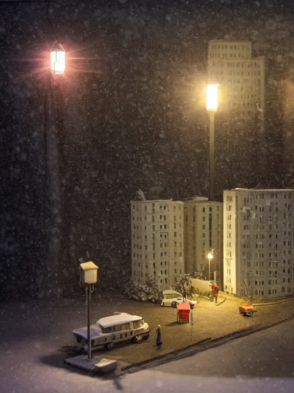 Image similar to small diorama a soviet residential building, lights are on in the windows, dark night, two man fighting for bottle of vodka on yard in front of building, cozy atmosphere, fog, cold winter, snowing, streetlamps with orange volumetric light, birches nearby,