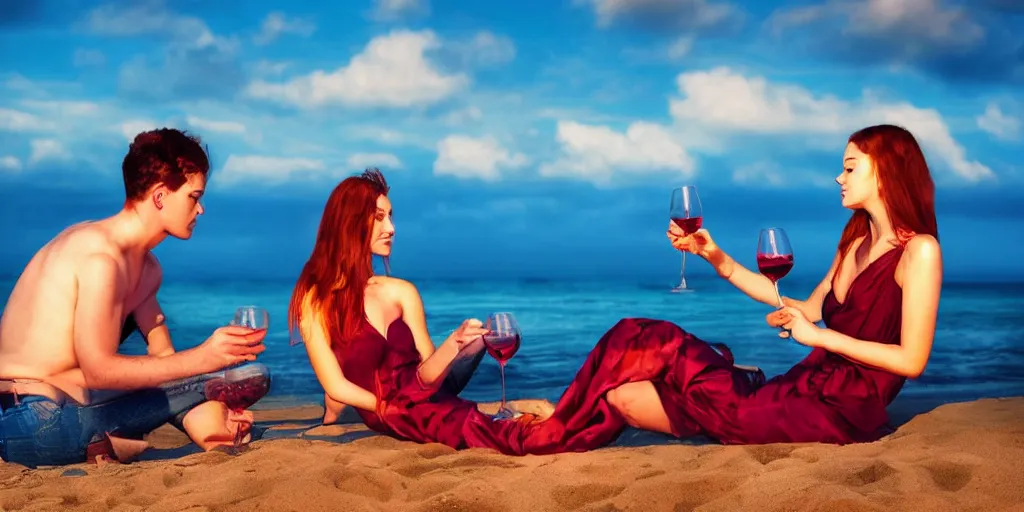 Image similar to one young man and one young woman drinking wine on a beach, beautiful colors, amazing landscape, digital art