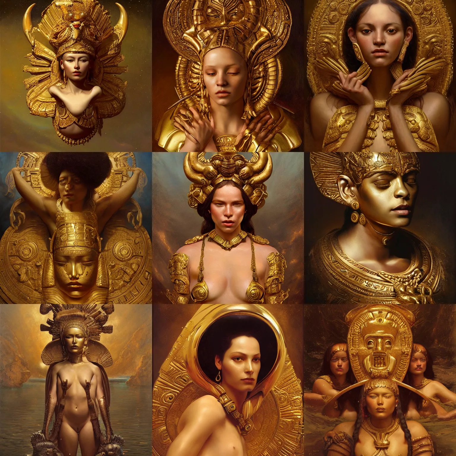 Prompt: pre - columbian gold boat sculptures!!!!!! | by roberto ferri, by tom bagshaw, by j. c. leyendecker and klimt, american romanticism, artstation, cgsociety, highly detailed oil painting, very intricate, cinematic lighting, award - winning