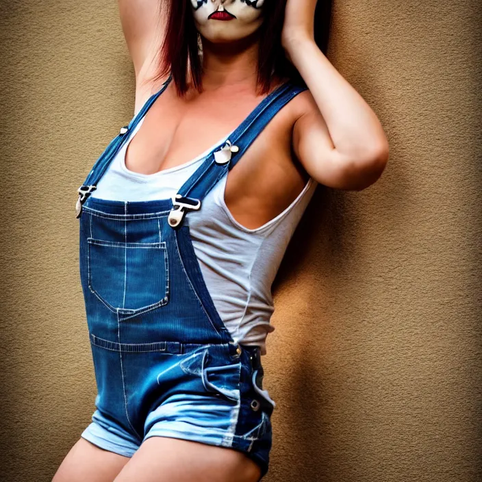 Image similar to fully body pose, photo of a very beautiful!! skull woman, overalls, short shorts, fishnets, combat boots, 8 k, hdr, smooth, sharp focus, high resolution, award - winning photo, trending on artstation, dslr, 5 0 mm