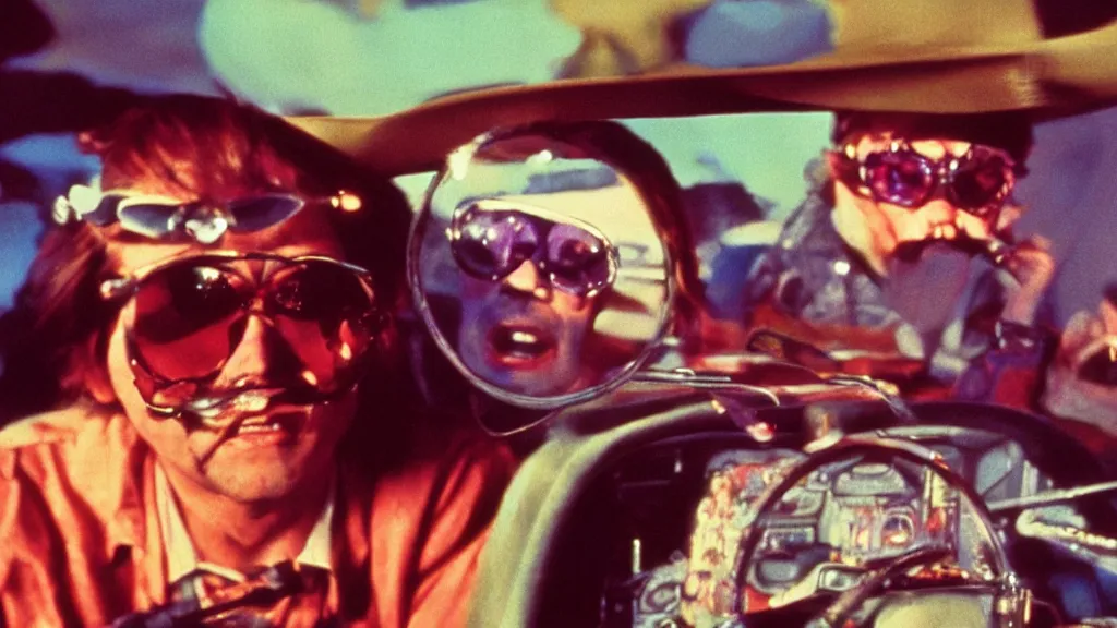 Image similar to still of fear and loathing in las vegas, 1 9 7 5, cinematic lighting, ultra realistic, panavision, wide screen, saturated color, seventies cinema, vintage science fiction cinema