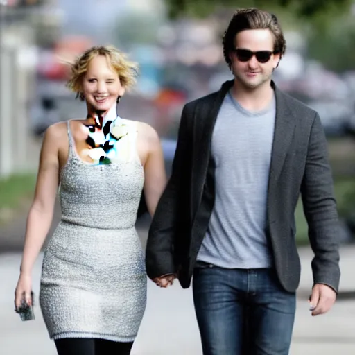 Image similar to Jennifer Lawrence and Jennifer Lawrence walking down the street, holding hands, smiling,