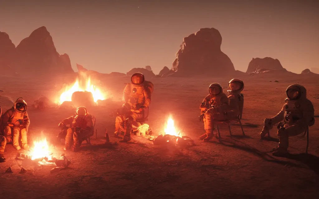 Prompt: Three astronauts sitting around a campfire on a desolate planet, digital art, 4k, ArtStation, epic composition, unreal engine