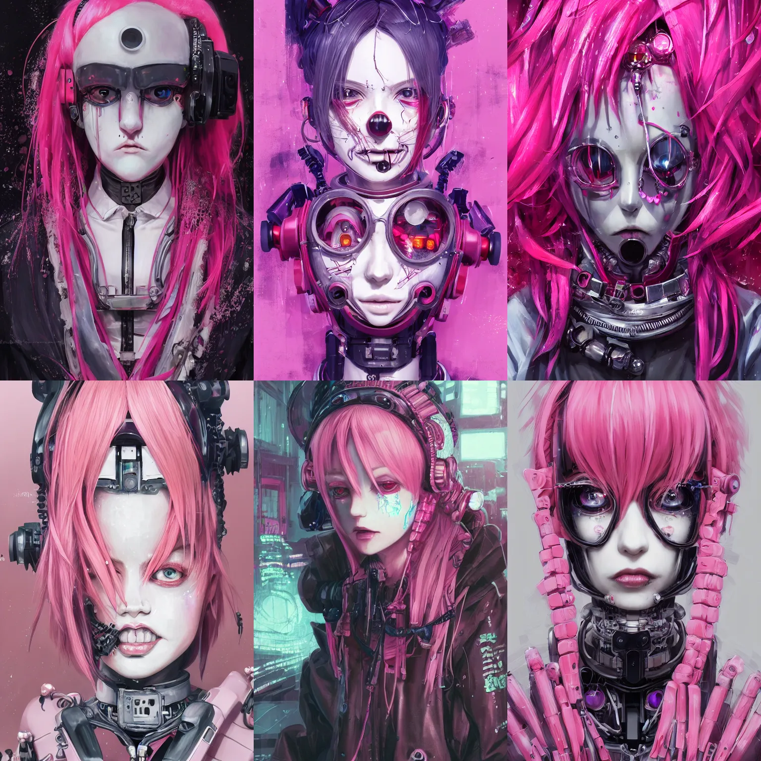 Image similar to by kyoto animation, very creepy cyber clown robot girl pink hair, tears from the eyes, wearing cyberpunk intricate streetwear, beautiful, detailed portrait, intricate complexity, ilya kuvshinov, cell shaded, 4 k, concept art, by wlop, ilya kuvshinov, greg rutkowski, sharp focus, volumetric lighting, cinematic lighting