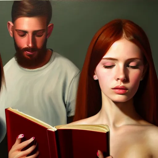 Image similar to hyperrealistic painting of a beautiful young woman holding a book while three men and a woman peep into the book from behind, detailed digital art, trending on artstation