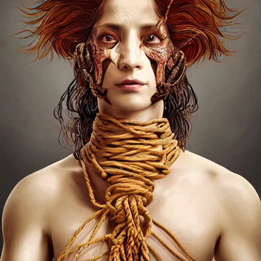 Image similar to portrait of a Shibari rope wrapped face and neck, headshot, insanely nice professional hair style, dramatic hair color, digital painting, of a old 17th century, old cyborg merchant, amber jewels, baroque, ornate clothing, scifi, realistic, hyperdetailed, chiaroscuro, concept art, art by Franz Hals and Jon Foster and Ayami Kojima and Amano and Karol Bak,