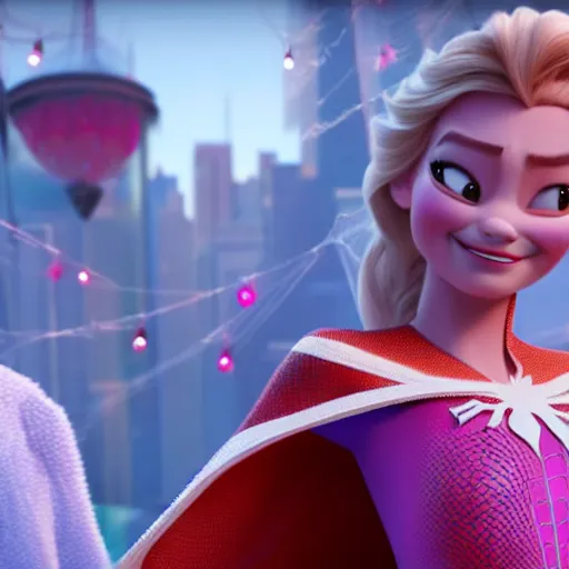 Prompt: spiderman and pregnant princess elsa go on an adventure, cinematic render, into the spiderverse 2 0 1 8, sony animation official media